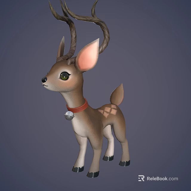 Cute Deer Game Movie Character With Antlers Big Ears Red Collar Bell And Spots 3d model 