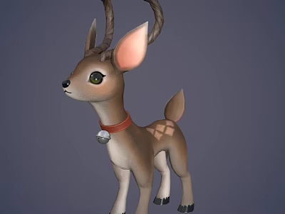 Cute Deer Game Movie Character With Antlers Big Ears Red Collar Bell And Spots 3d model