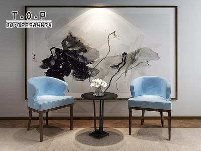 Blue Leisure Sofa Set with Two Chairs Small Round Table and Black White Ink Painting 3d model
