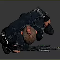 Cyberpunk Character With Mohawk Hairstyle Shirtless Black Leather Jacket Holding Rifle