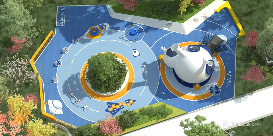 Modern Children's Playground With Blue Floor Central Tree Colorful Structures And Green Plants 3d model 