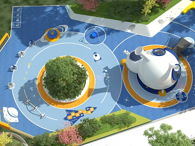 Modern Children's Playground With Blue Floor Central Tree Colorful Structures And Green Plants 3d model