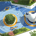 Modern Children's Playground With Blue Floor Central Tree Colorful Structures And Green Plants