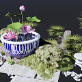 Garden Ornament With Blue and White Ceramic Basin Lotus Flowers Leaves Moss and Stones