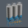 Three Industrial Storage Tanks With White Blue Bodies And Yellow Connecting Pipelines