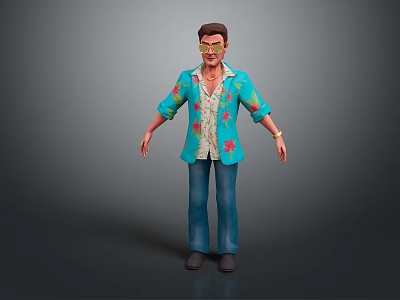 Man Wearing Blue Floral Shirt And Blue Jeans Standing Against Grey Background 3d model