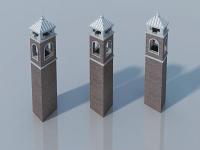 Swing Doors On Three Brick Towers With White Roofs And Arched Openings 3d model