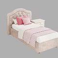Cozy Single Bed With Beige Upholstered Headboard Pink Pillows Polka Dot Blanket And White Nightstand
