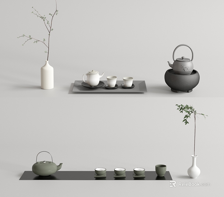Modern Minimalist Tea Set Featuring Teapot Teacups Tray and Green Branches Vase 3d model 