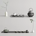 Modern Minimalist Tea Set Featuring Teapot Teacups Tray and Green Branches Vase