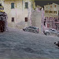 Ancient Small Town Scenery With Cobblestone Street Old Buildings Red Doors And Windows Parked Cars