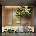 Indoor Landscape Design With Wooden Wall Pine Tree Rock And Stone Lanterns