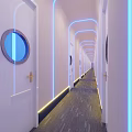Modern Elevator Hallway With White Doors Round Windows Blue Yellow Lighting And Gray Carpet
