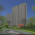 Modern High Rise Residential Building With Lush Trees Green Lawns Pond And Scenic Walkway