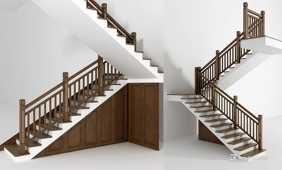 Modern Interior Staircase Design With Wooden Handrails White Steps And Paneling 3d model 
