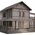Traditional Rustic Two Story Wooden House With Balcony Fence And Stone Base