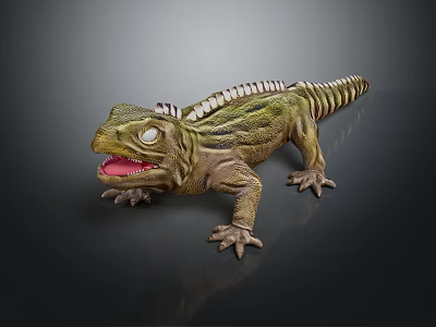 Realistic Green Lizard 3D Model With Open Mouth White Eyes And Back Spines 3d model