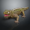 Realistic Green Lizard 3D Model With Open Mouth White Eyes And Back Spines