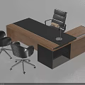 Modern Office Desk With Black Tabletop Wooden Frame Three Black Chairs And Desk Lamp