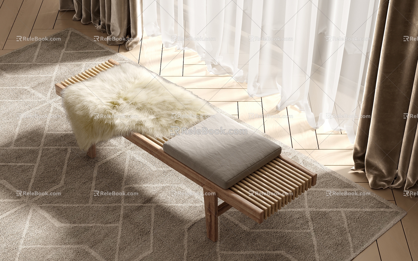 Modern Coat Stool Wood Floor Curtain 3d model