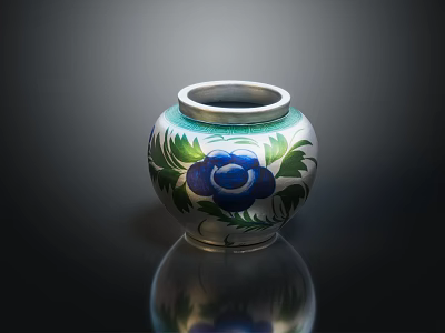 Elegant Shiny Silver Vase With Blue Flower Green Leaves Decorative Design 3d model