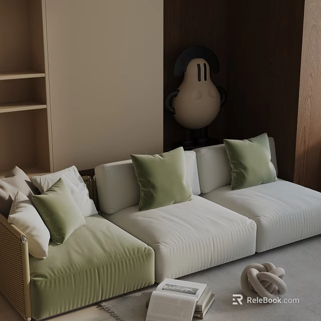 Light Colored Striped Three Seater Sofa With Green Pillows And Modern Living Room Decor 3d model 