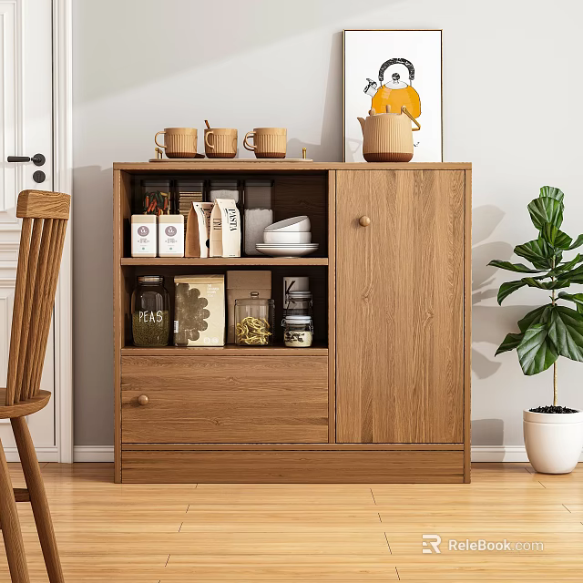 Natural Wood Dining Sideboard With Open Shelves Storage Jars And Decorative Painting 3d model 