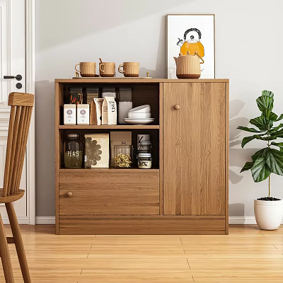 Natural Wood Dining Sideboard With Open Shelves Storage Jars And Decorative Painting 3d model