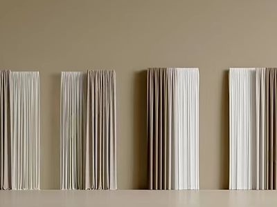 Stylish Pleated Curtains In Various Neutral Tones Against Beige Wall Background 3d model