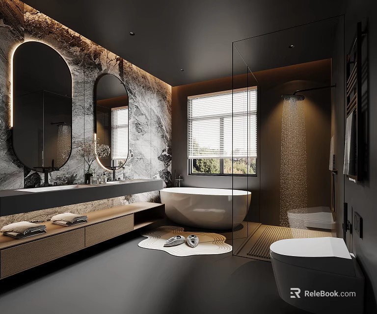 Modern Bathroom Interior Design With Marble Wall Freestanding Bathtub Oval Mirror And Vanity 3d model 