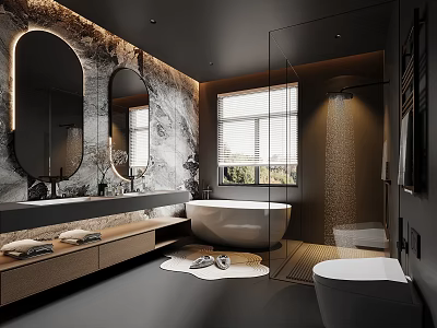 Modern Bathroom Interior Design With Marble Wall Freestanding Bathtub Oval Mirror And Vanity 3d model