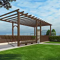 Wooden Pergola With Lattice Design In Outdoor Garden Area With Bench And Fence