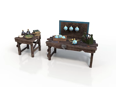 Wooden Furniture Including Small Table Large Desk With Blue Ornaments Open Box And Green Plants 3d model