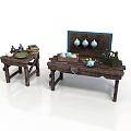 Wooden Furniture Including Small Table Large Desk With Blue Ornaments Open Box And Green Plants