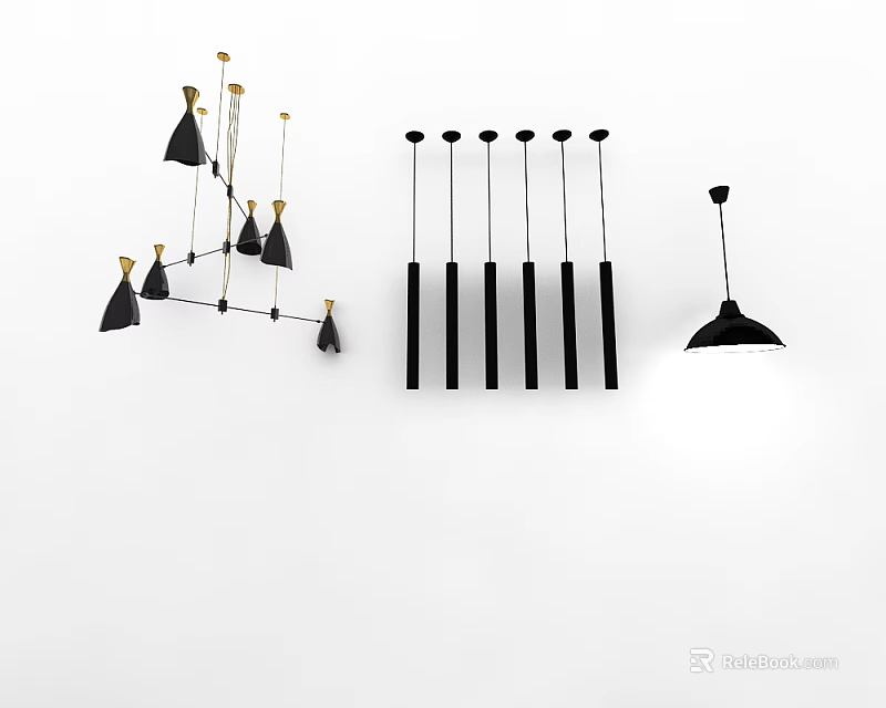 Stylish Black And Gold Chandeliers With Cone Shades And Linear Design For Modern Decor 3d model 