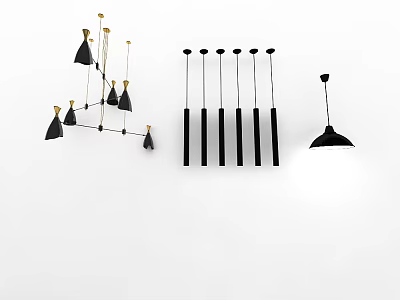 Stylish Black And Gold Chandeliers With Cone Shades And Linear Design For Modern Decor 3d model