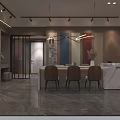 Modern Showroom Interior With Marble Countertop Brown Chairs Colorful Panels And Track Lighting
