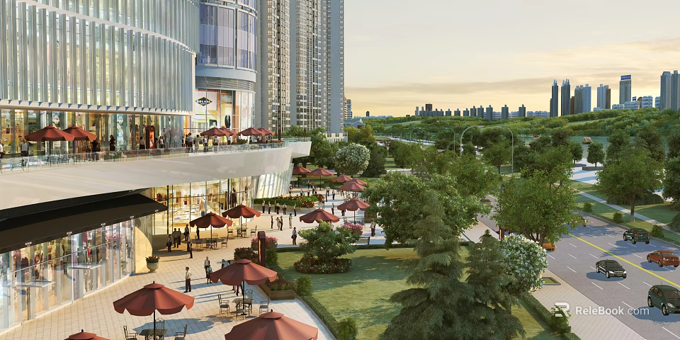 Modern Commercial Street With Tall Buildings Red Umbrellas Green Trees And City Skyline 3d model 
