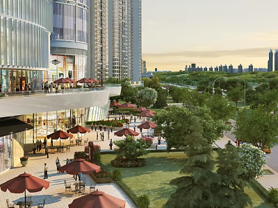 Modern Commercial Street With Tall Buildings Red Umbrellas Green Trees And City Skyline 3d model