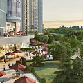 Modern Commercial Street With Tall Buildings Red Umbrellas Green Trees And City Skyline