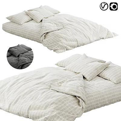 Cozy Double Bed With Striped Bedding Pillows And Gray Duvet Option 3d model