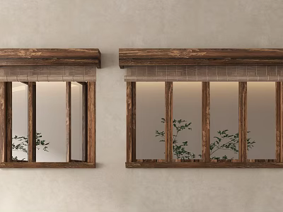 Wooden Frame Windows With Shutters Featuring Green Plants And Light Colored Walls 3d model