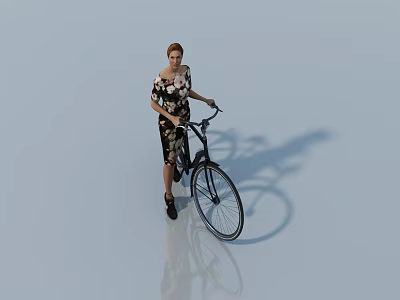 Multiple Women in Floral Dresses Riding Black Bicycles on Light Blue Ground with Shadows 3d model
