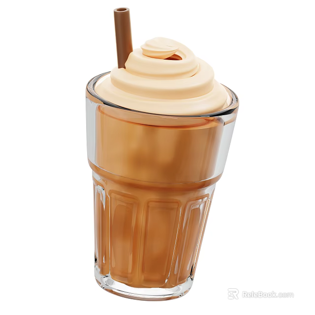 Creamy Refreshing Drink with Whipped Cream Top and Brown Liquid in Glass with Straw 3d model 