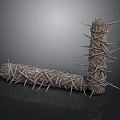 Rustic Wooden Post And Pole With Wrapped Thorns And Rough Surface Texture