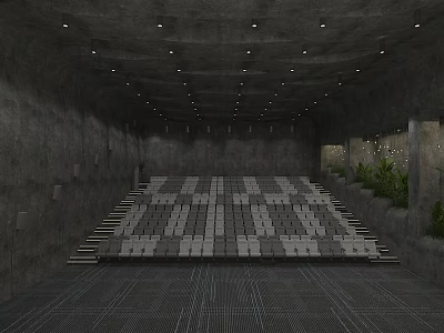 Cinema Interior With Staircase Seats Gray Walls Ceiling Lights And Green Plants 3d model