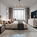 Modern Bedroom Interior Design With Large Bed Nightstand Circular Chandelier And Window