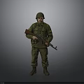 Ukrainian Soldier In Green Military Uniform With Helmet Holding Rifle And Yellow Blue Armband
