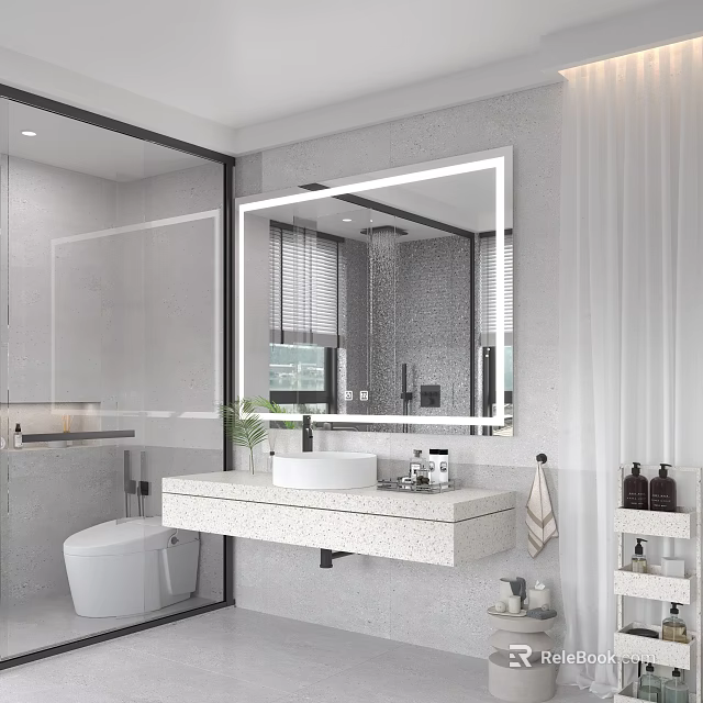 Modern Bathroom Interior with Large Mirror Glass Shower Enclosure and Stone Sink Counter 3d model 