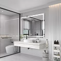 Modern Bathroom Interior with Large Mirror Glass Shower Enclosure and Stone Sink Counter